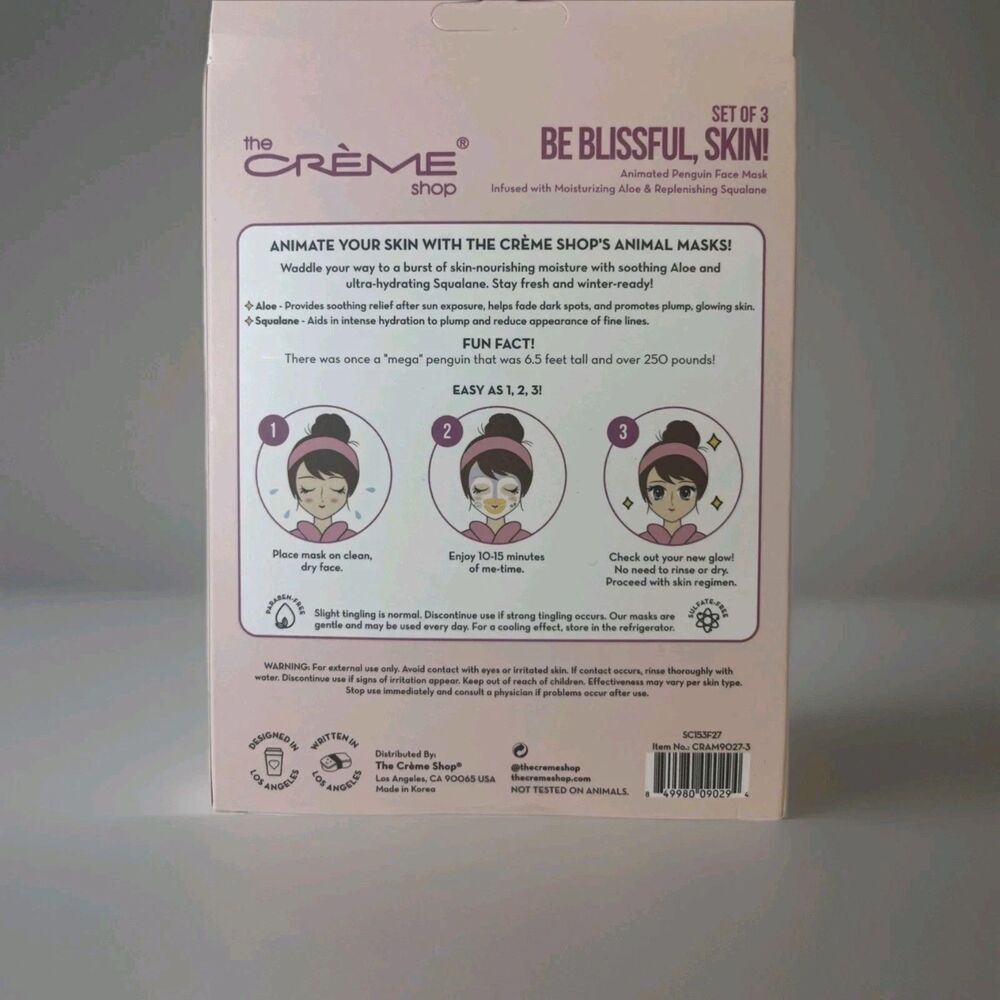 The Creme Shop Be Blissful, Skin Moisturizing Aloe Face Mask Penguin Set of 3 - Picture 2 of 2